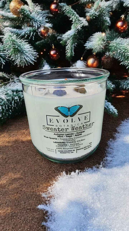 Rocks Candle - Sweater Weather (Wood Wick, Howlite (Patience, Peace), Labradorite (Shielding, Intuition), Sodalite (Nurturing, Awareness), Soy Candle)