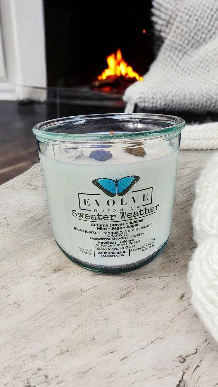 Rocks Candle - Sweater Weather (Wood Wick, Howlite (Patience, Peace), Labradorite (Shielding, Intuition), Sodalite (Nurturing, Awareness), Soy Candle)