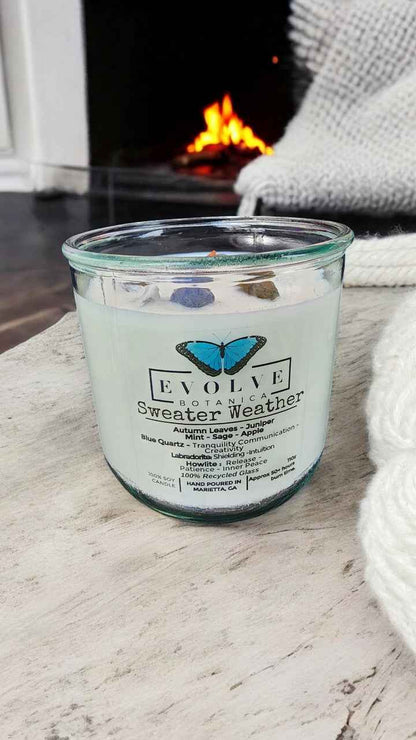 Rocks Candle - Sweater Weather (Wood Wick, Howlite (Patience, Peace), Labradorite (Shielding, Intuition), Sodalite (Nurturing, Awareness), Soy Candle)