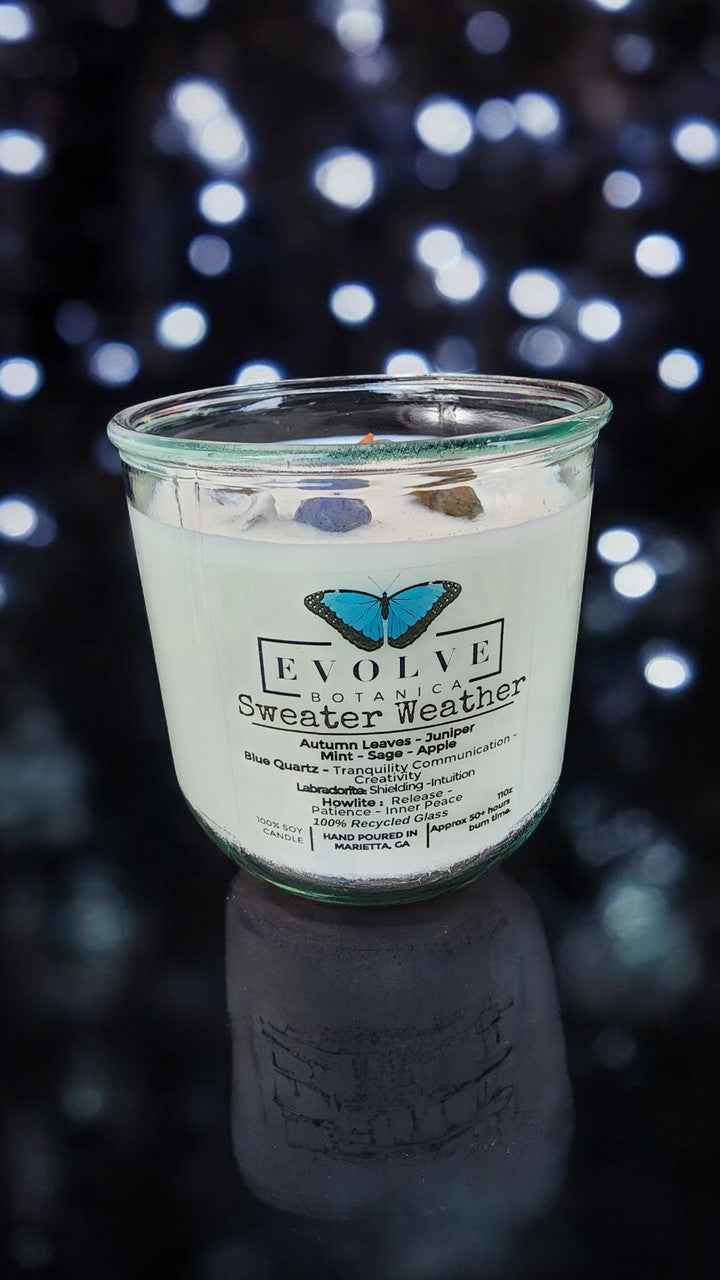 Rocks Candle - Sweater Weather (Wood Wick, Howlite (Patience, Peace), Labradorite (Shielding, Intuition), Sodalite (Nurturing, Awareness), Soy Candle)