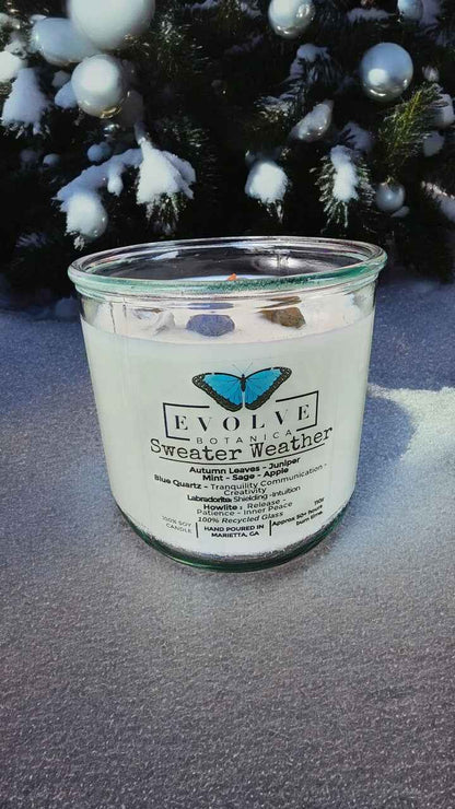 Rocks Candle - Sweater Weather (Wood Wick, Howlite (Patience, Peace), Labradorite (Shielding, Intuition), Sodalite (Nurturing, Awareness), Soy Candle)