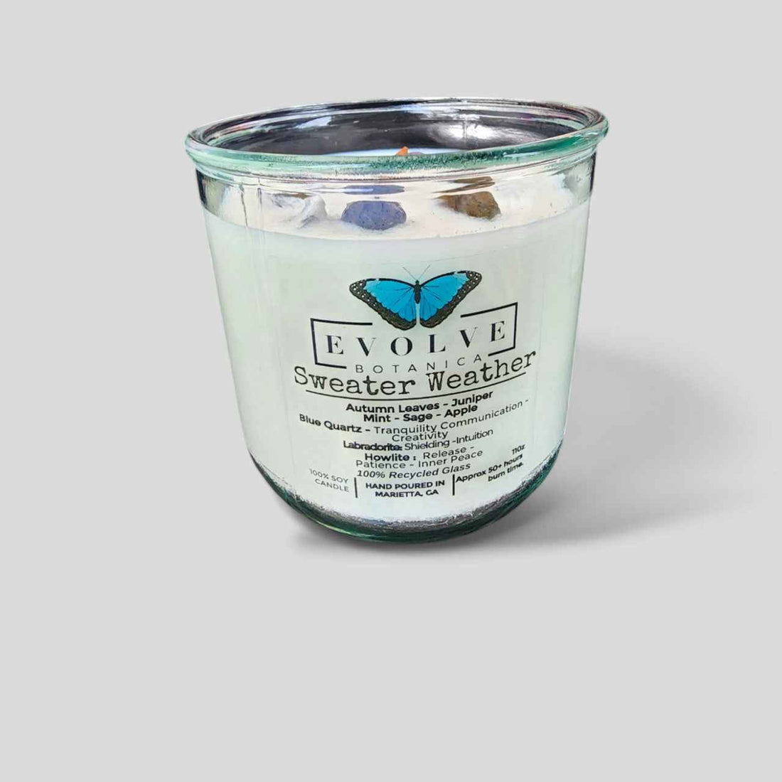 Rocks Candle - Sweater Weather (Wood Wick, Howlite (Patience, Peace), Labradorite (Shielding, Intuition), Sodalite (Nurturing, Awareness), Soy Candle)