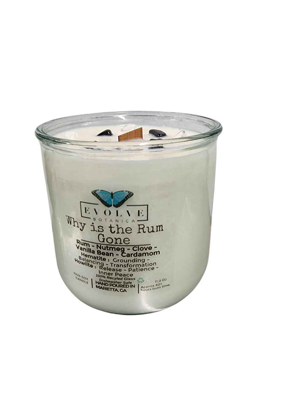 Rocks Candle - Why Is The Rum Gone? (Wood Wick, Hematite (Grounding, Balancing, Transformation), Howlite (Release, Patience, Inner Peace)