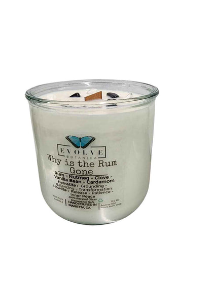 Rocks Candle - Why Is The Rum Gone? (Wood Wick, Hematite (Grounding, Balancing, Transformation), Howlite (Release, Patience, Inner Peace)