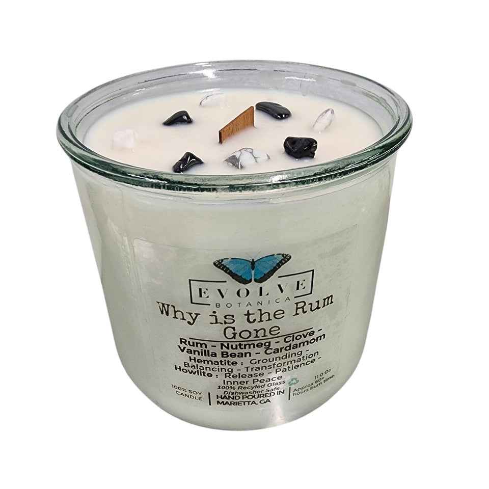 Rocks Candle - Why Is The Rum Gone? (Wood Wick, Hematite (Grounding, Balancing, Transformation), Howlite (Release, Patience, Inner Peace)
