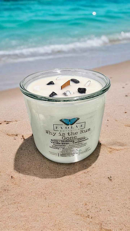 Rocks Candle - Why Is The Rum Gone? (Wood Wick, Hematite (Grounding, Balancing, Transformation), Howlite (Release, Patience, Inner Peace)