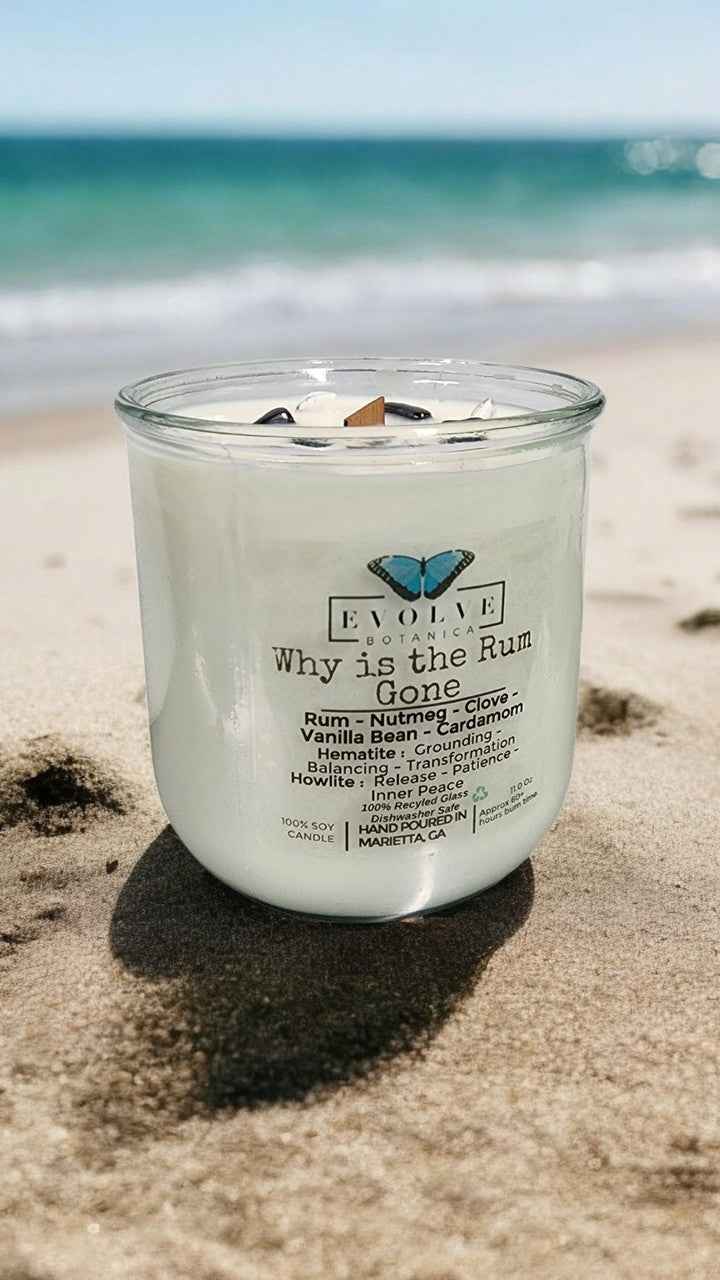 Rocks Candle - Why Is The Rum Gone? (Wood Wick, Hematite (Grounding, Balancing, Transformation), Howlite (Release, Patience, Inner Peace)
