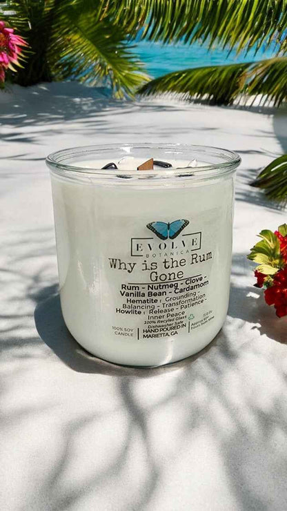 Rocks Candle - Why Is The Rum Gone? (Wood Wick, Hematite (Grounding, Balancing, Transformation), Howlite (Release, Patience, Inner Peace)
