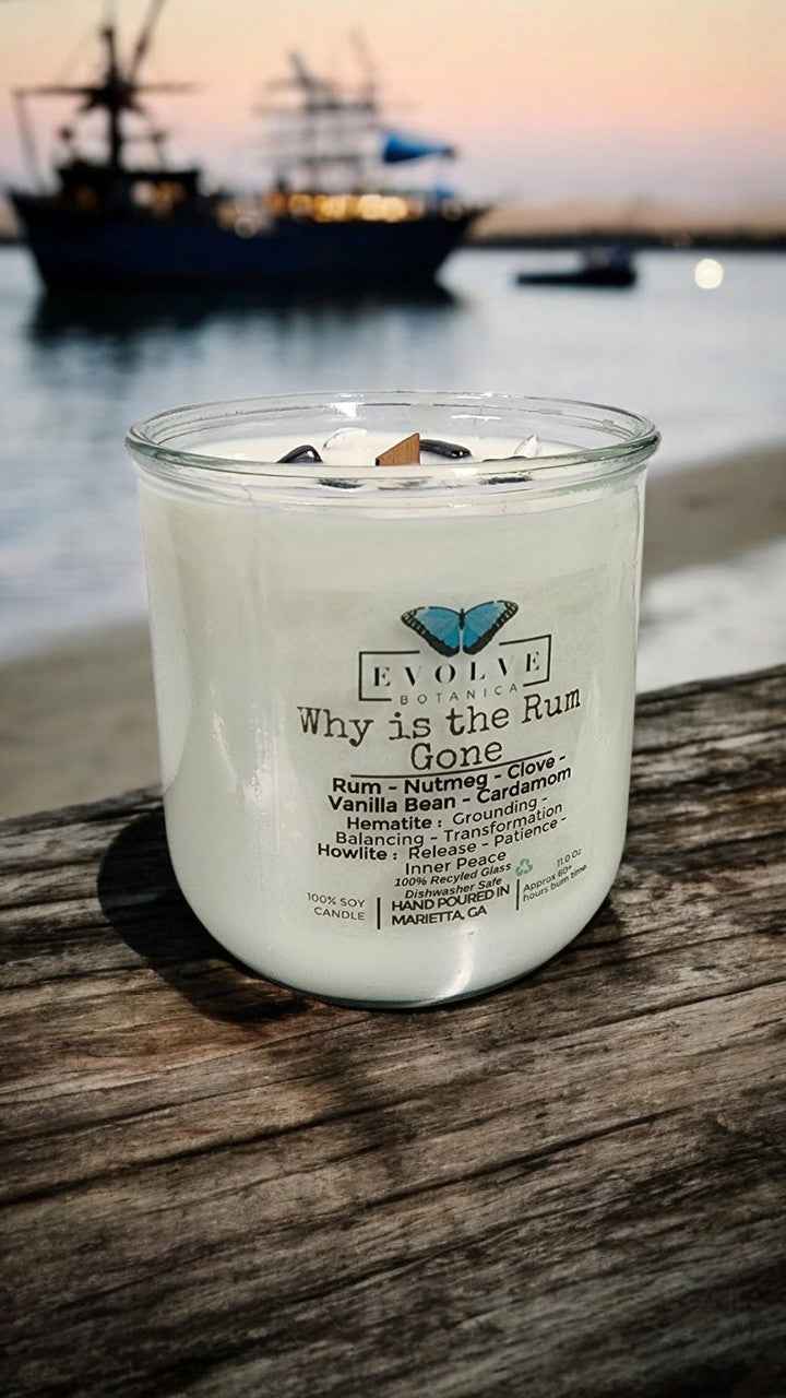 Rocks Candle - Why Is The Rum Gone? (Wood Wick, Hematite (Grounding, Balancing, Transformation), Howlite (Release, Patience, Inner Peace)
