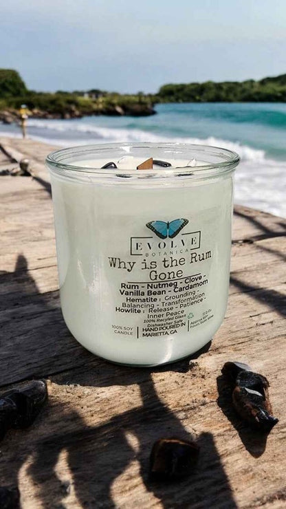 Rocks Candle - Why Is The Rum Gone? (Wood Wick, Hematite (Grounding, Balancing, Transformation), Howlite (Release, Patience, Inner Peace)