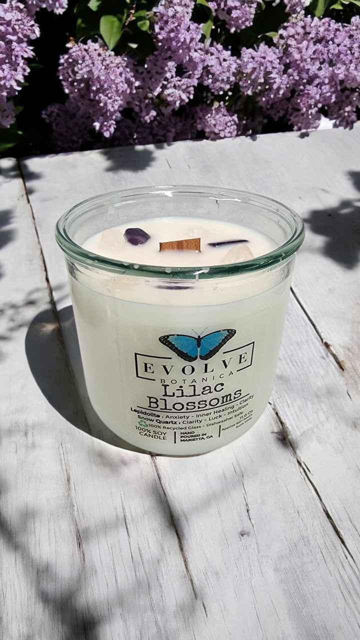 Rocks Candle - Lilac Blossoms (Wood Wick, Lepidolite Gemstone Soy Candle)