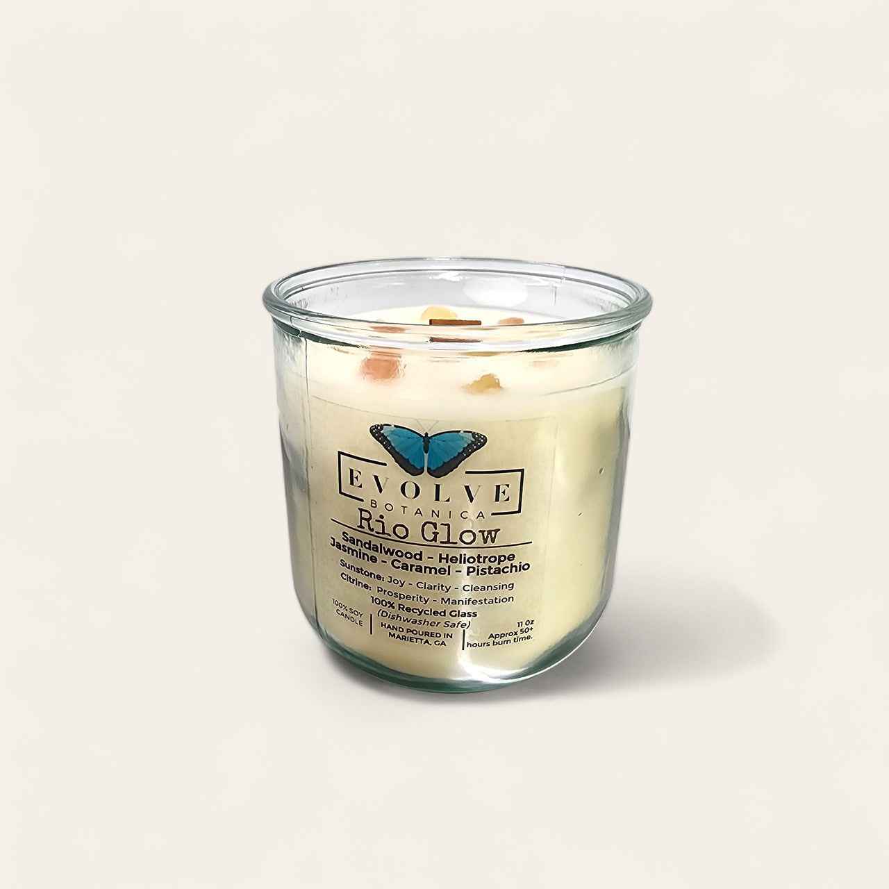 Rocks Candle - Rio Glow (Wood Wick Sunstone &amp; Citrine Gemstone Soy Candle)