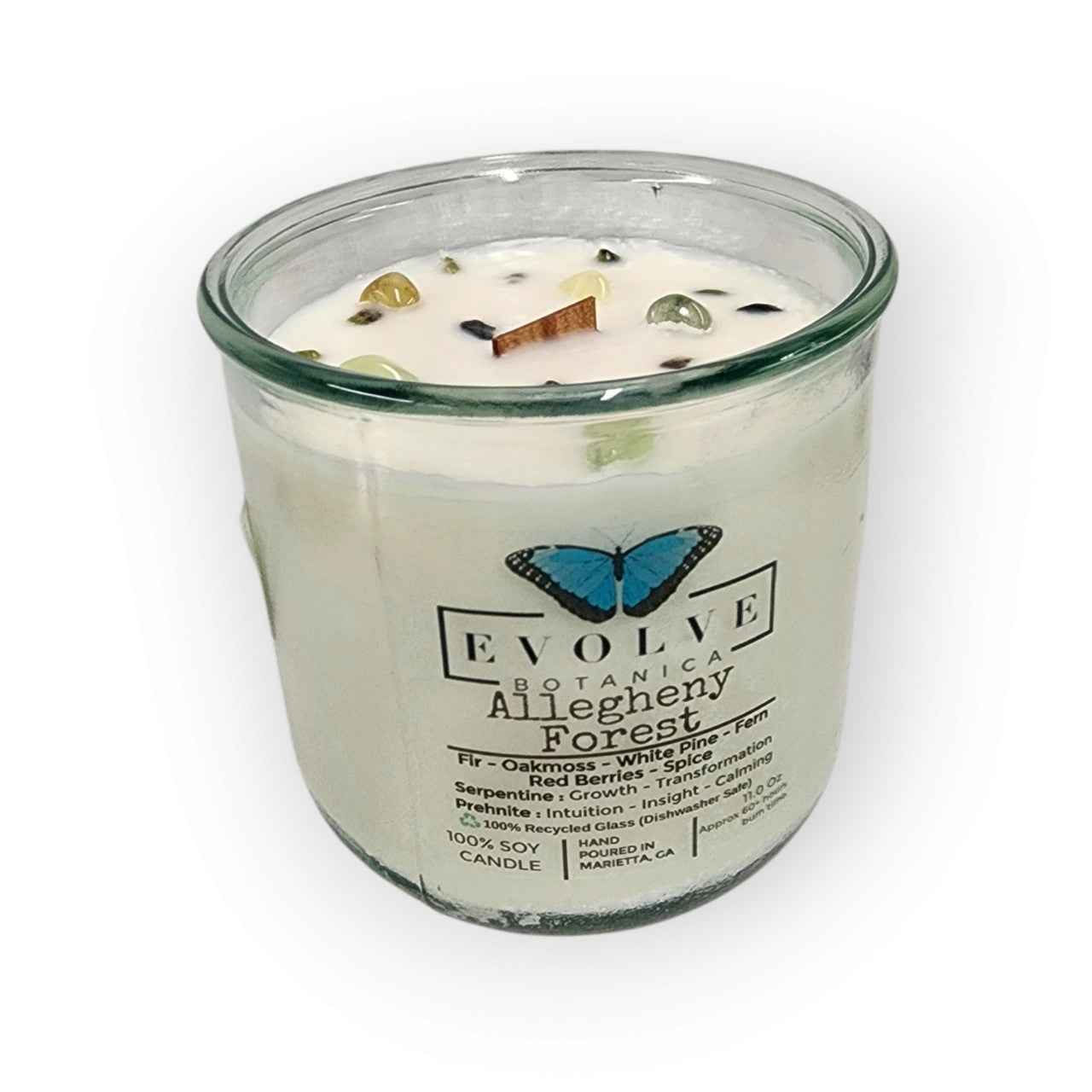 Rocks Candle - Allegheny Forest (Wood Wick Serpentine &amp; Prehnite Gemstone Soy Candle)