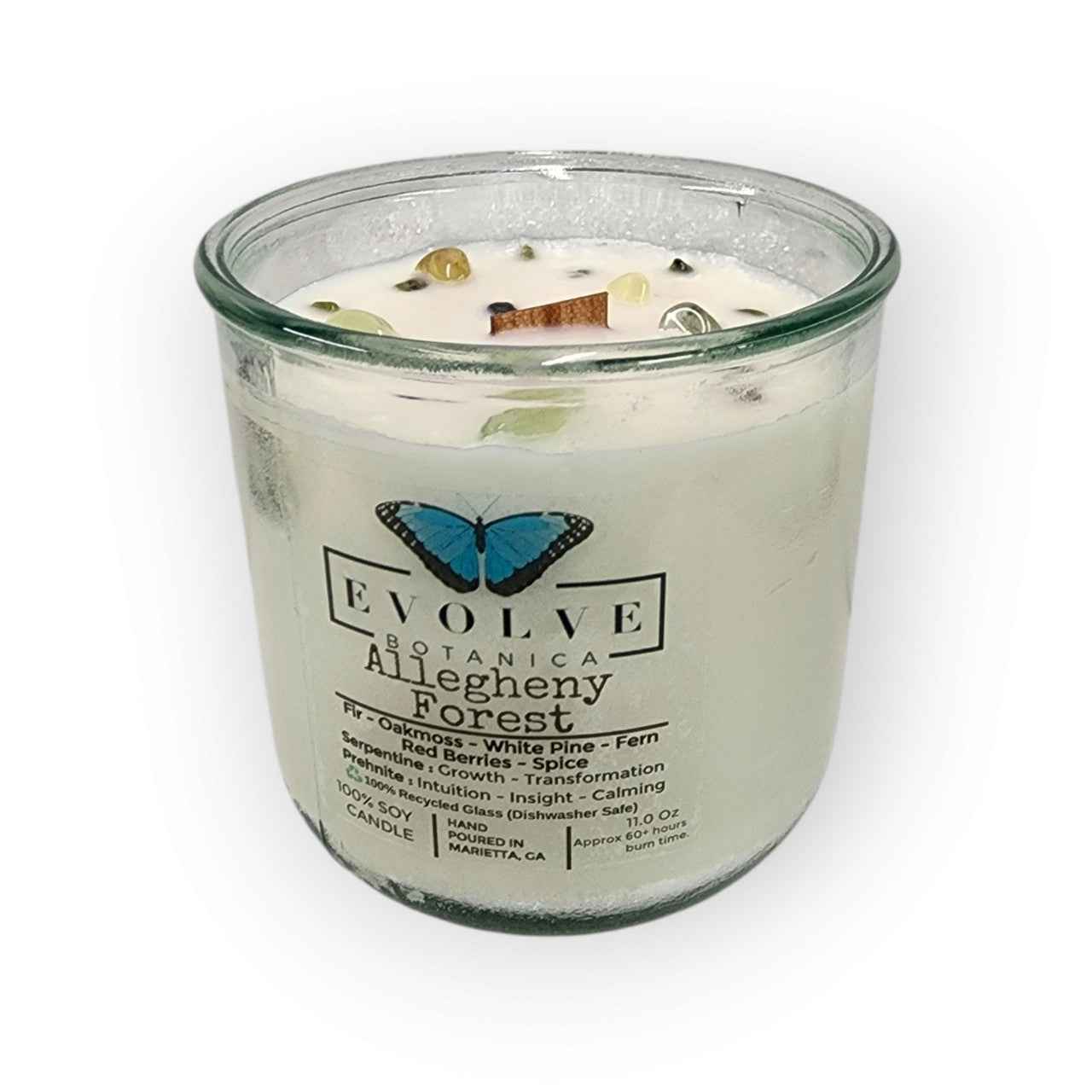 Rocks Candle - Allegheny Forest (Wood Wick Serpentine &amp; Prehnite Gemstone Soy Candle)