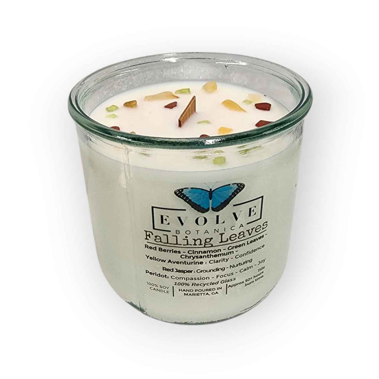 Rocks Candle - Falling Leaves (Wood Wick, Peridot, Red Jasper, &amp; Yellow Aventurine Gemstone Soy Candle)