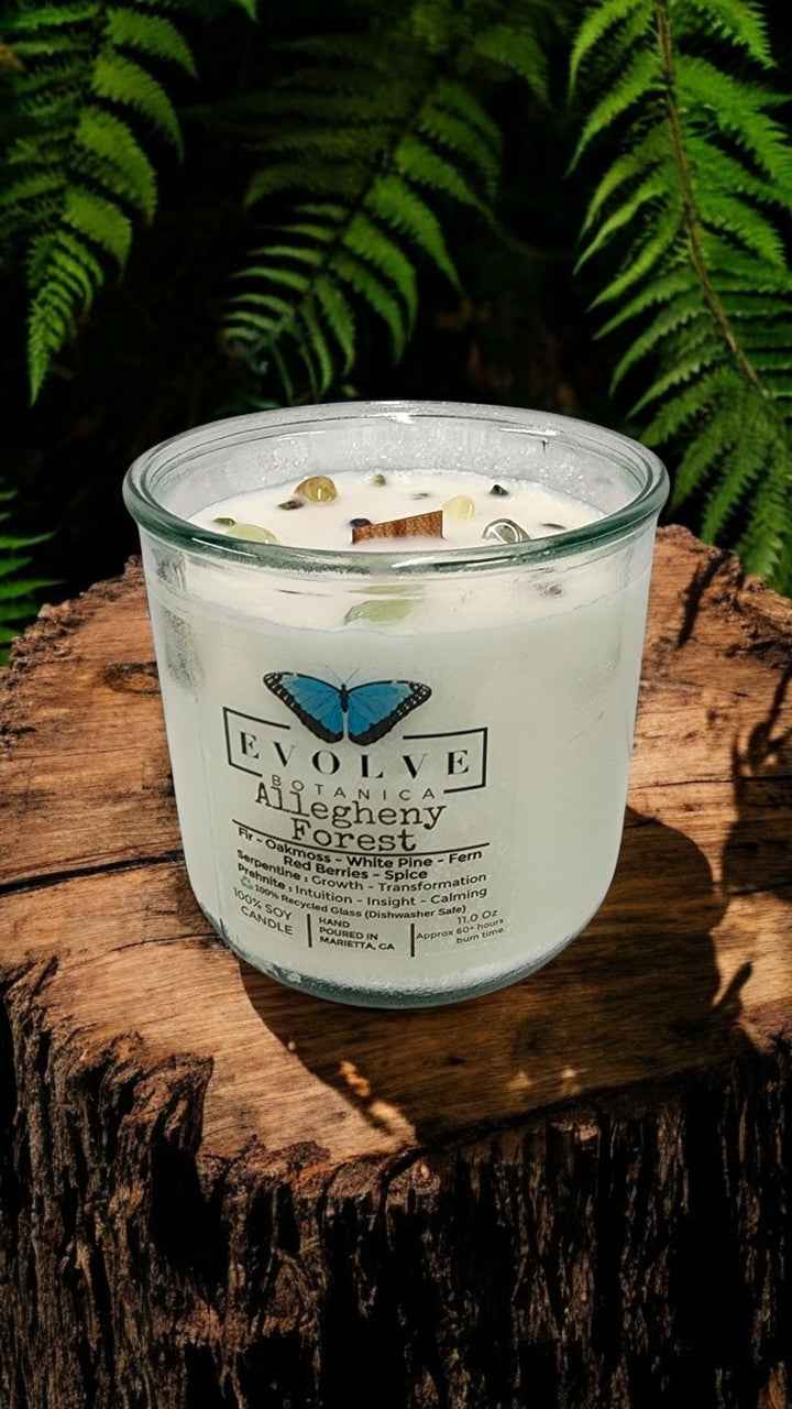 Rocks Candle - Allegheny Forest (Wood Wick Serpentine &amp; Prehnite Gemstone Soy Candle)