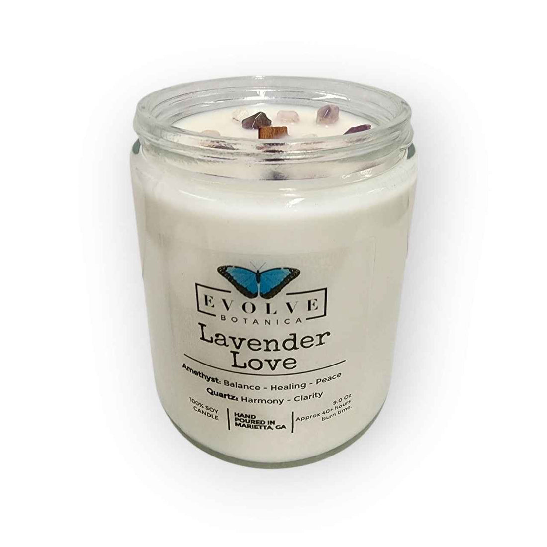Classic 9oz Jam Jar Crystal Soy Candle - Lavender Love (Amethyst &amp; Quartz)