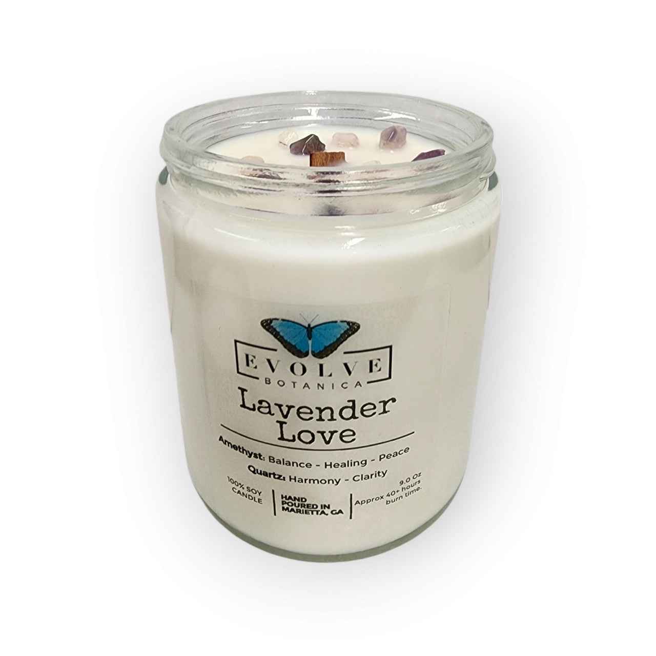 Classic 9oz Jam Jar Crystal Soy Candle - Lavender Love (Amethyst &amp; Quartz)