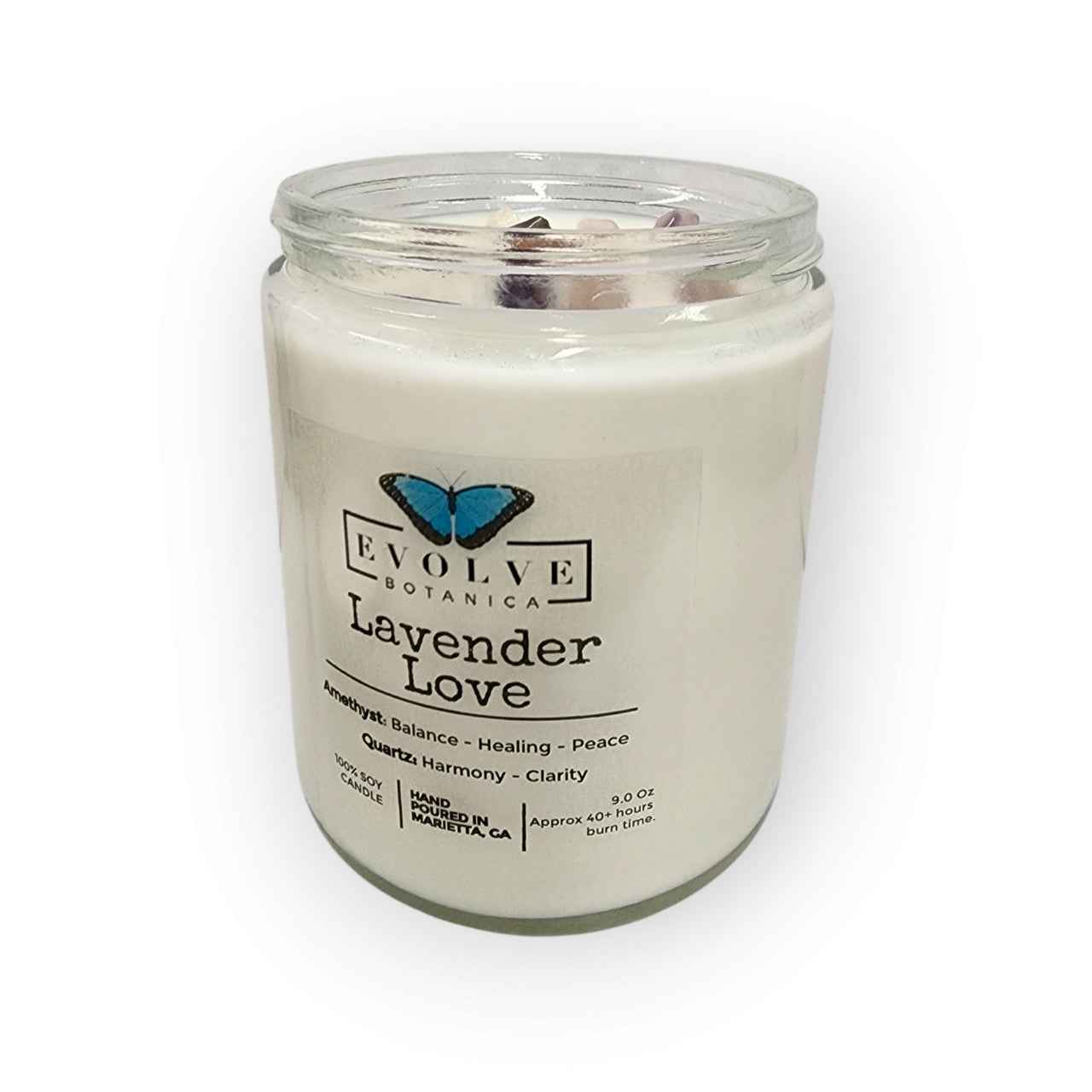 Classic 9oz Jam Jar Crystal Soy Candle - Lavender Love (Amethyst &amp; Quartz)