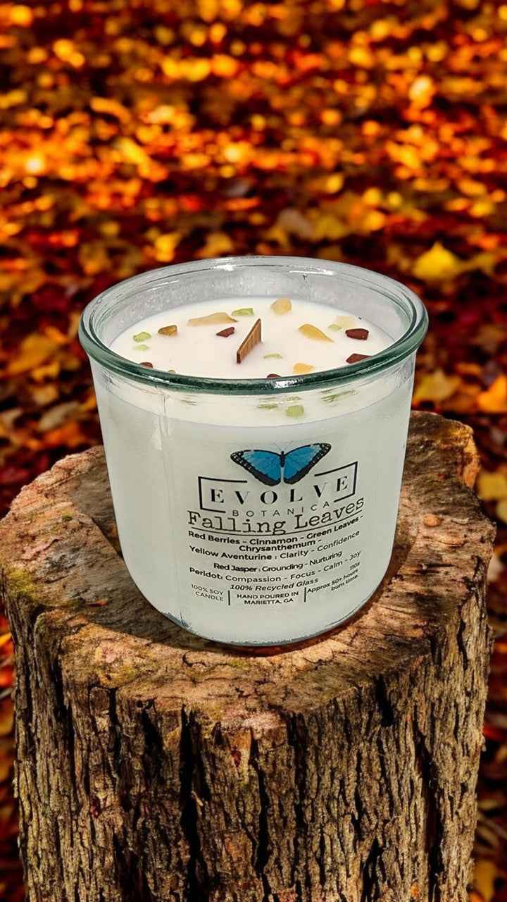 Rocks Candle - Falling Leaves (Wood Wick, Peridot, Red Jasper, &amp; Yellow Aventurine Gemstone Soy Candle)