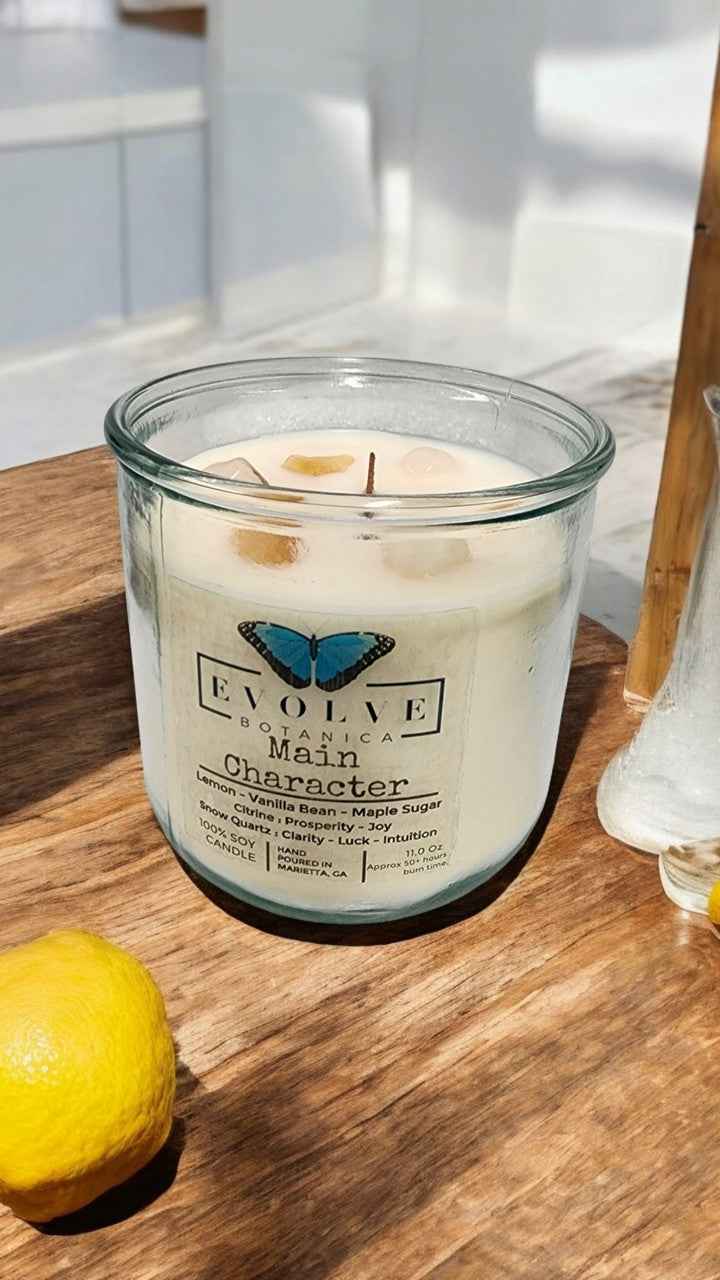 Rocks Candle - Main Character (Wood Wick Citrine &amp; Snow Quartz Gemstone Soy Candle)