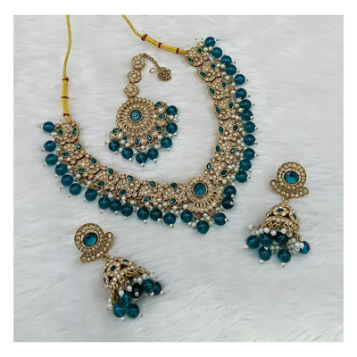 Joban Fashion Teal Blue Stone Work Necklace Set