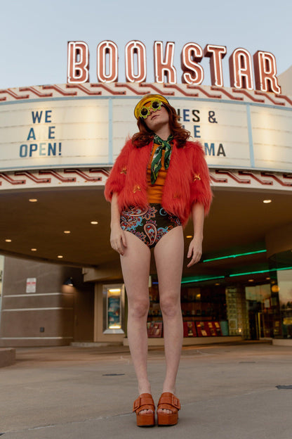 Planet Queen Orange Faux Fur Jacket by Jennafer Grace