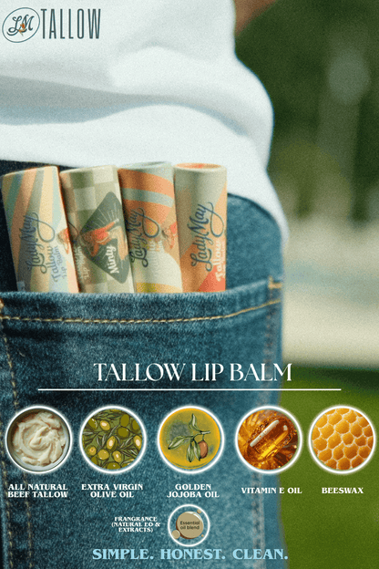 Tallow Lip Balm - CHOOSE A FLAVOR - Natural Beef Tallow Lip Moisturizer with Beeswax &amp; Jojoba Oil by The Lady May