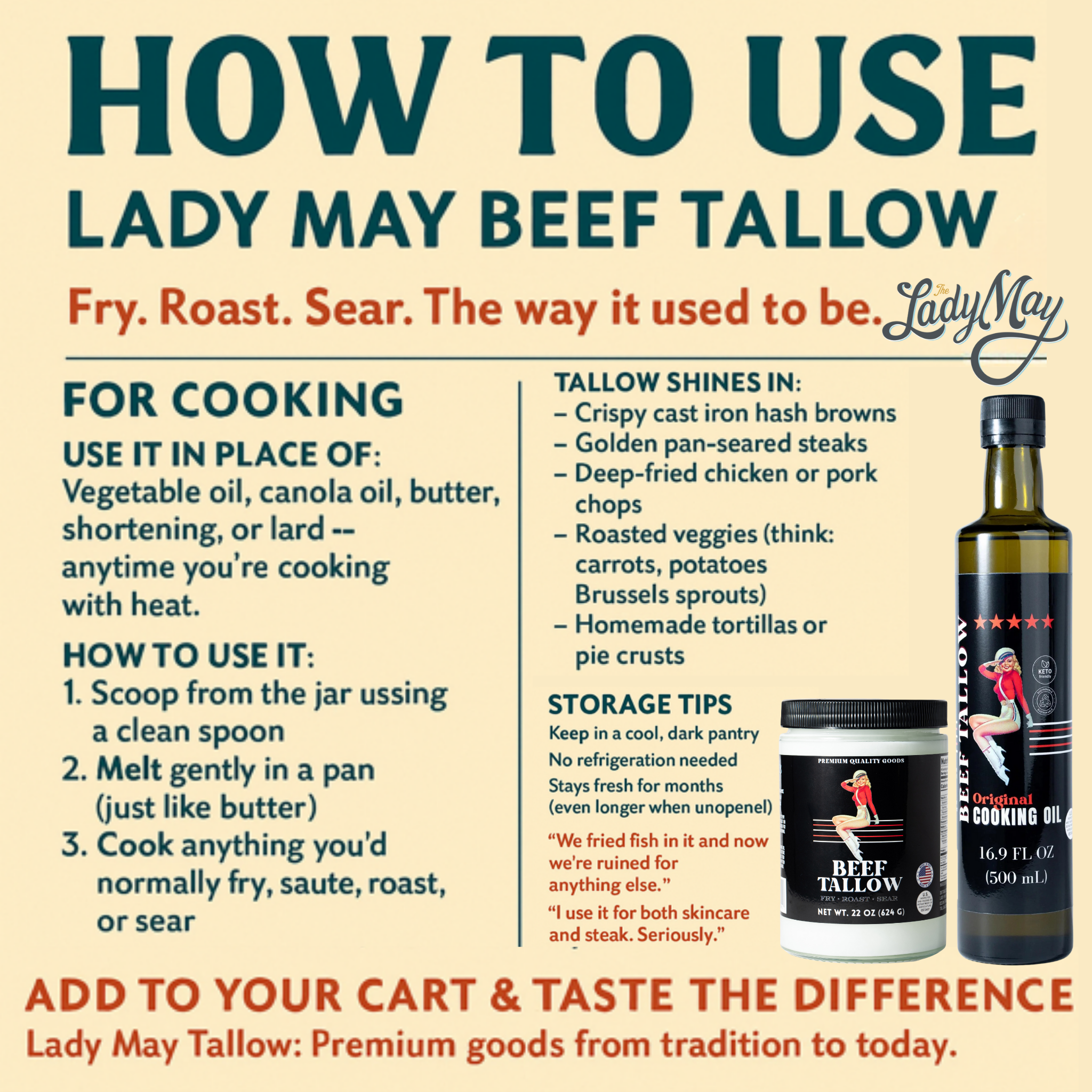 Premium Grass-Fed Beef Tallow Cooking Oil - Restaurant-Proven | Choose Your Flavor by The Lady May