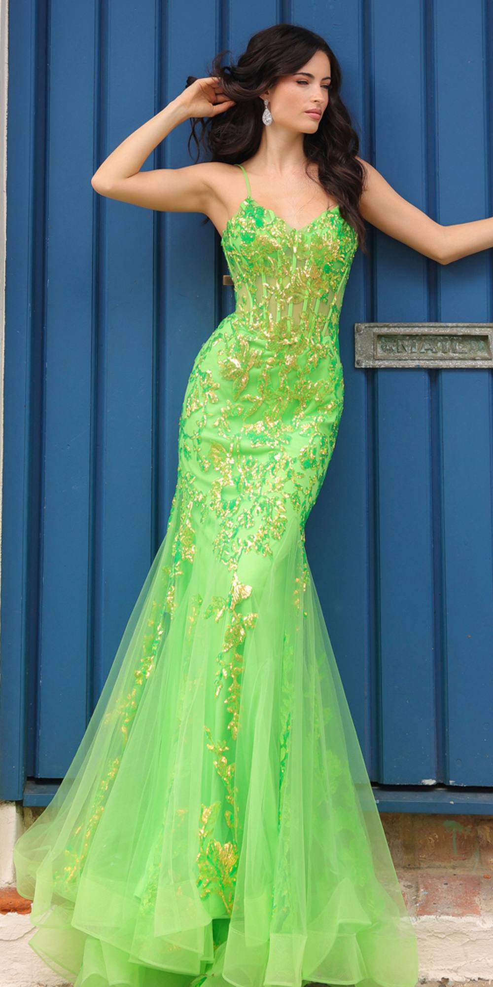 Nox Anabel Q1390 Long Fitted Sequin Applique Trumpet Skirt Gown by DiscountDressShop