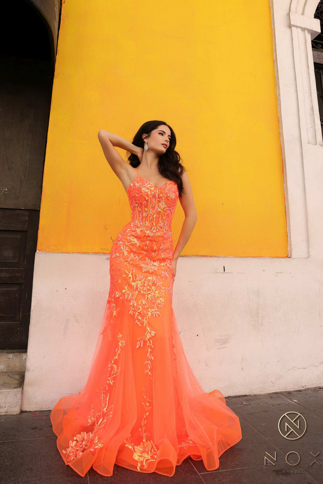 Nox Anabel Q1390 Long Fitted Sequin Applique Trumpet Skirt Gown by DiscountDressShop