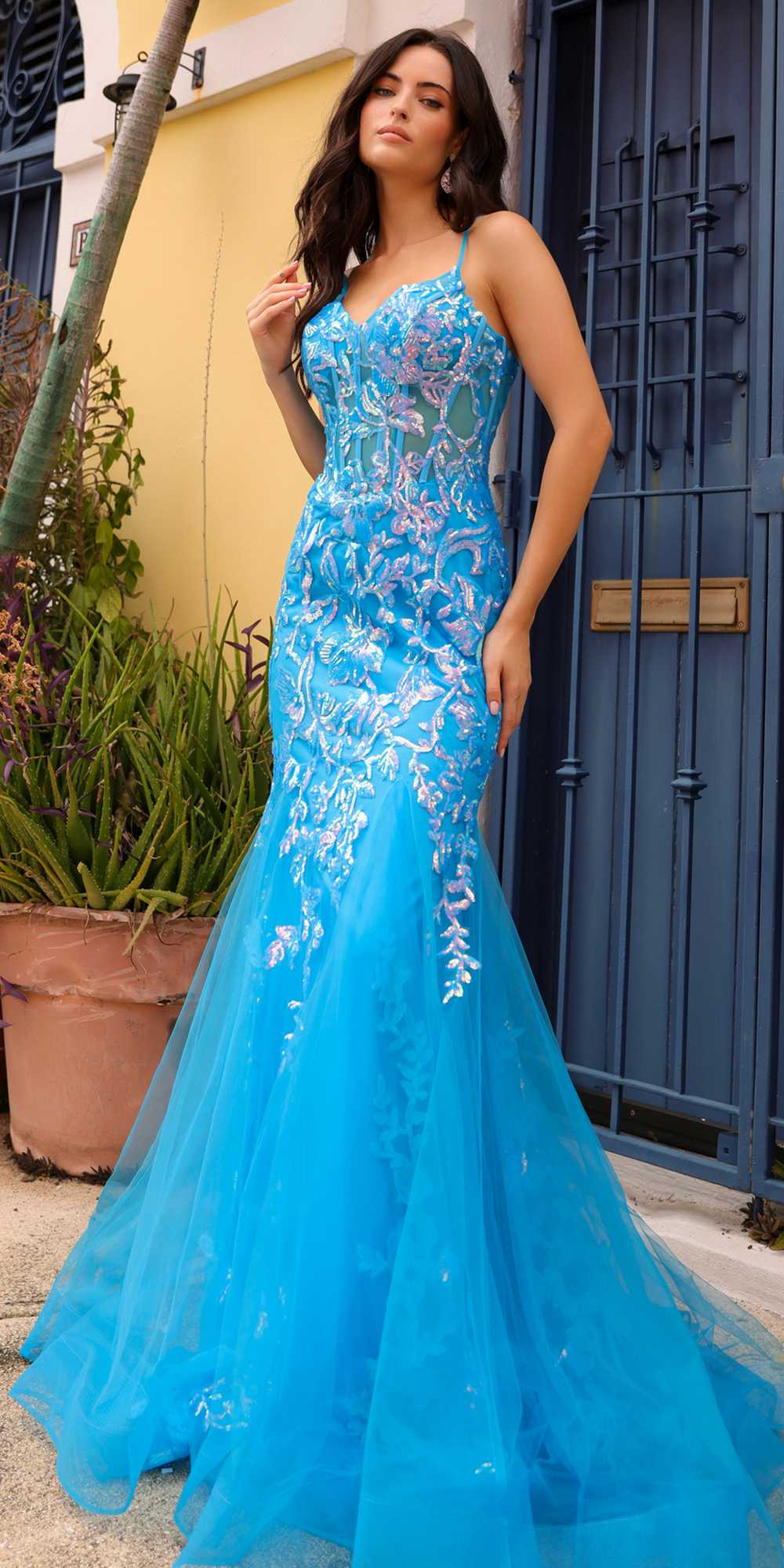 Nox Anabel Q1390 Long Fitted Sequin Applique Trumpet Skirt Gown by DiscountDressShop