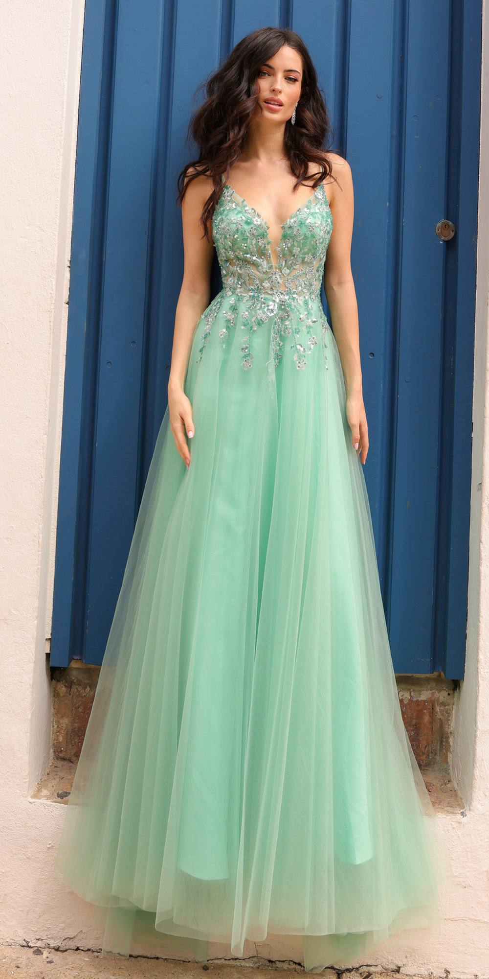 Nox Anabel Q1391 Long A-Line Sweetheart Lace Applique Tulle Gown by DiscountDressShop