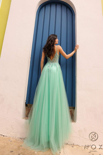 Nox Anabel Q1391 Long A-Line Sweetheart Lace Applique Tulle Gown by DiscountDressShop