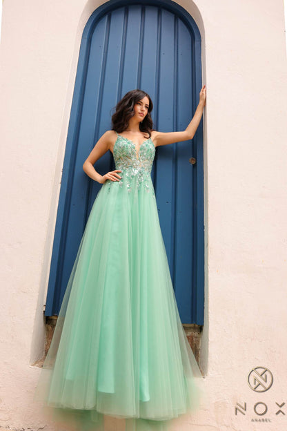 Nox Anabel Q1391 Long A-Line Sweetheart Lace Applique Tulle Gown by DiscountDressShop