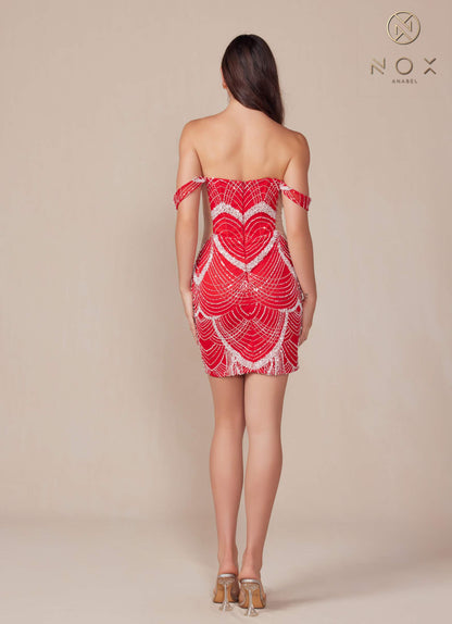 Nox Anabel Q839 Short Off the Shoulder Beaded Cocktail Dress by DiscountDressShop
