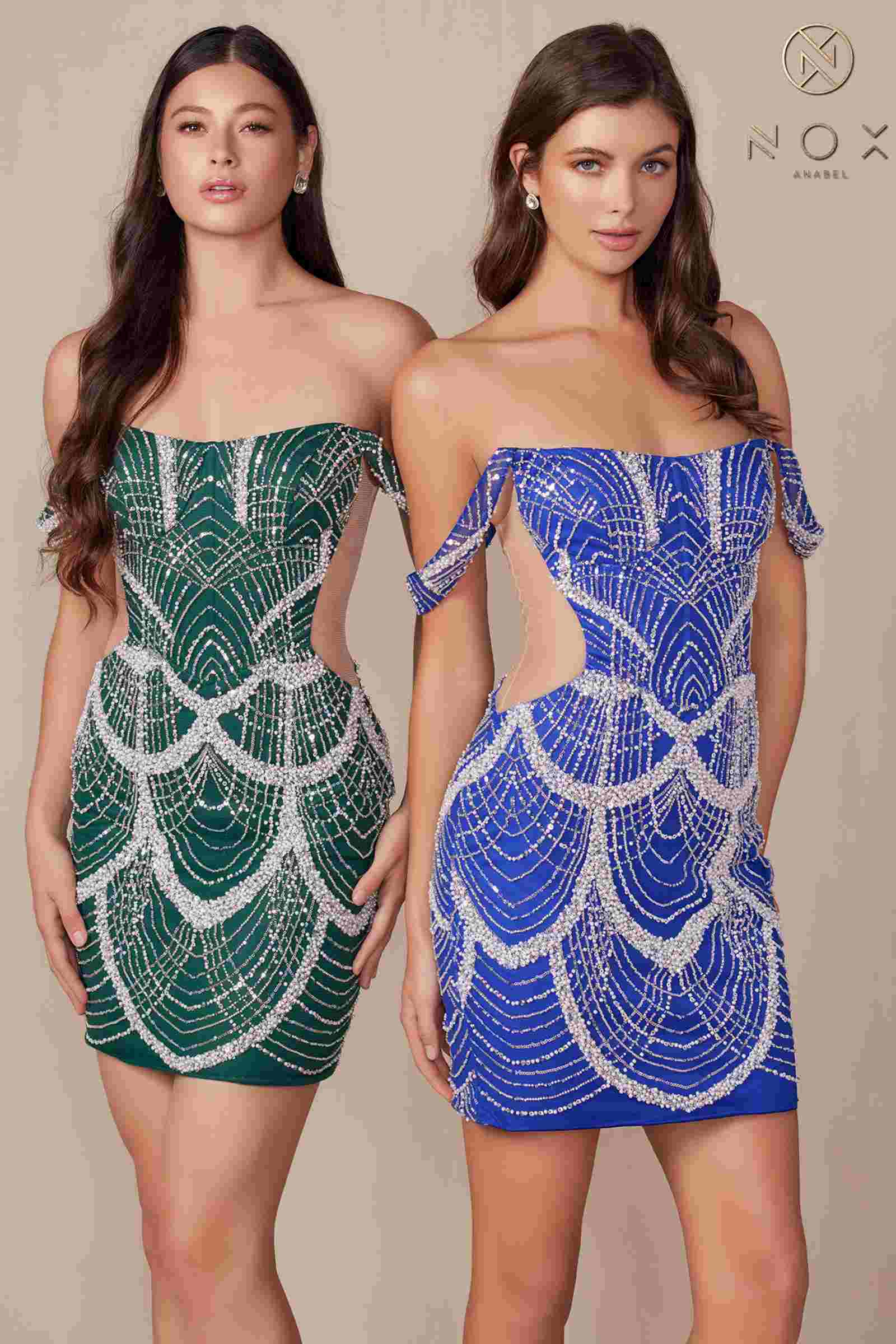 Nox Anabel Q839 Short Off the Shoulder Beaded Cocktail Dress by DiscountDressShop