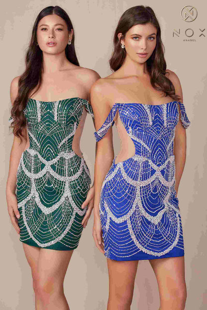 Nox Anabel Q839 Short Off the Shoulder Beaded Cocktail Dress by DiscountDressShop