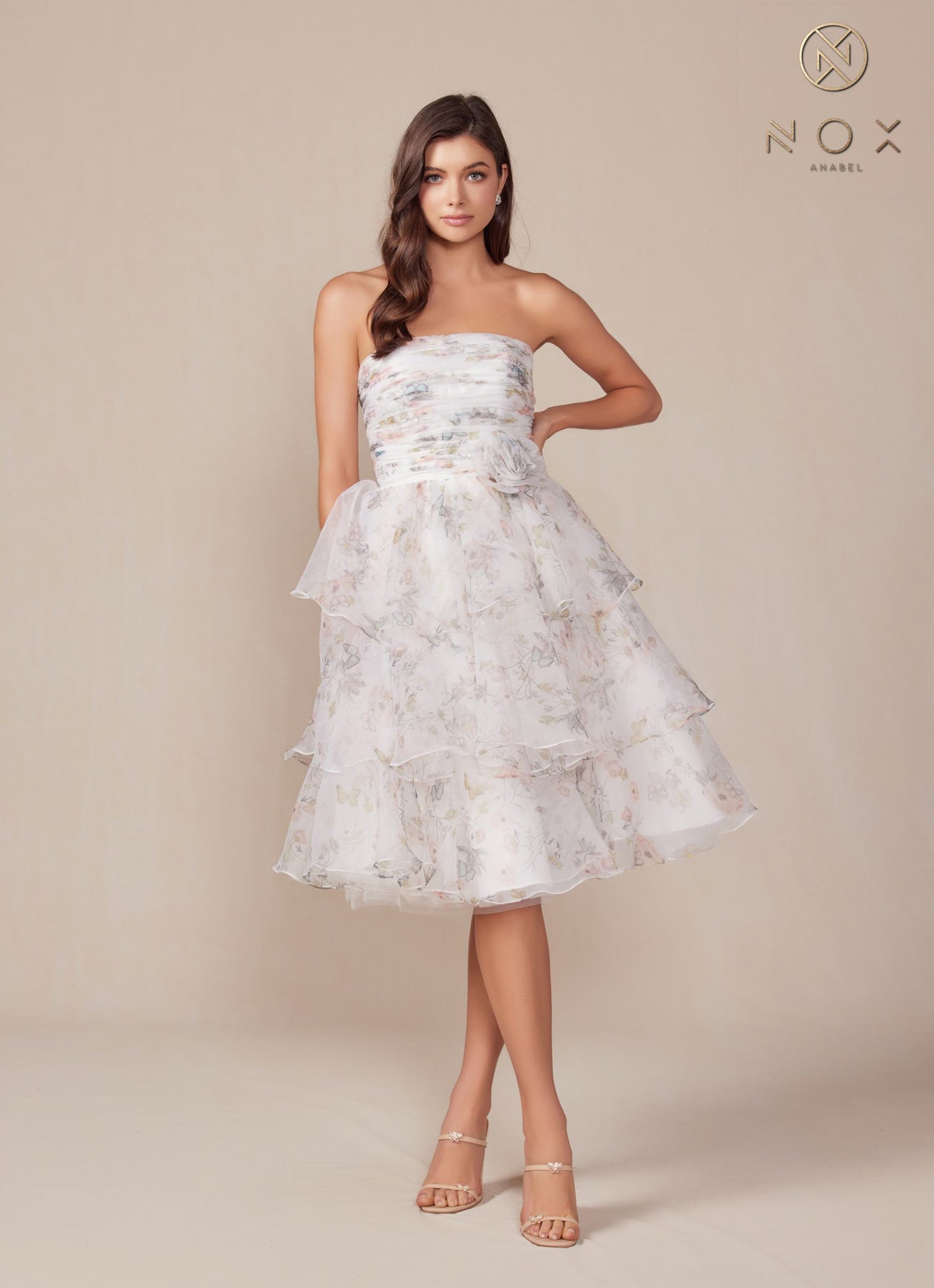 Nox Anabel Q842 Floral Print A-Line Tea Length Dress by DiscountDressShop