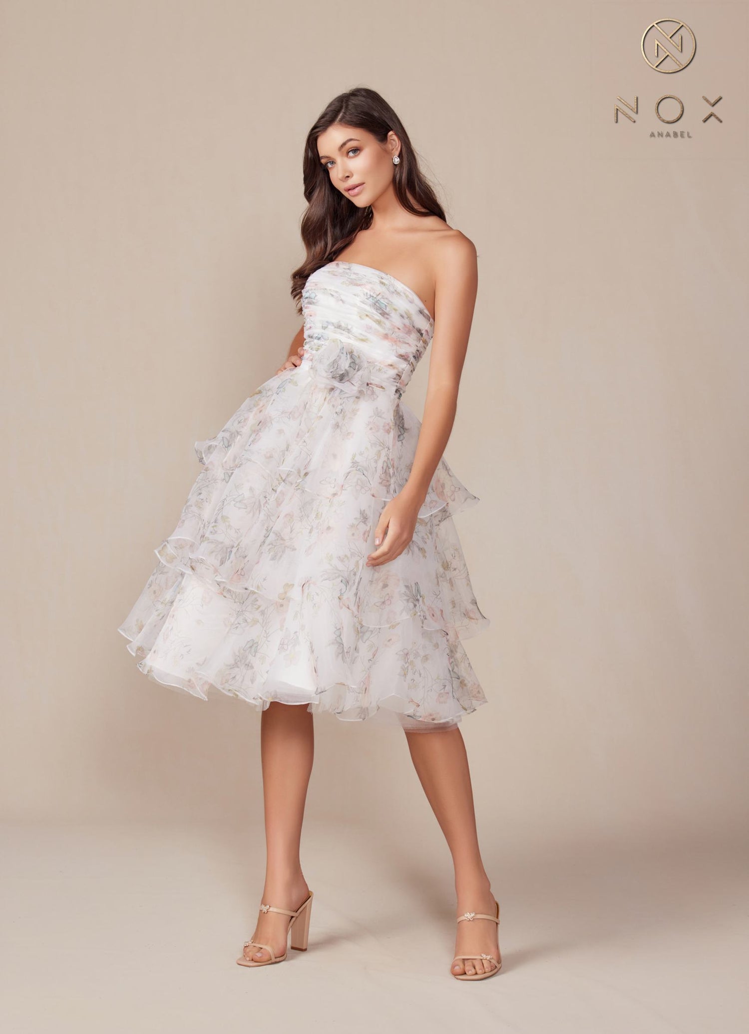 Nox Anabel Q842 Floral Print A-Line Tea Length Dress by DiscountDressShop