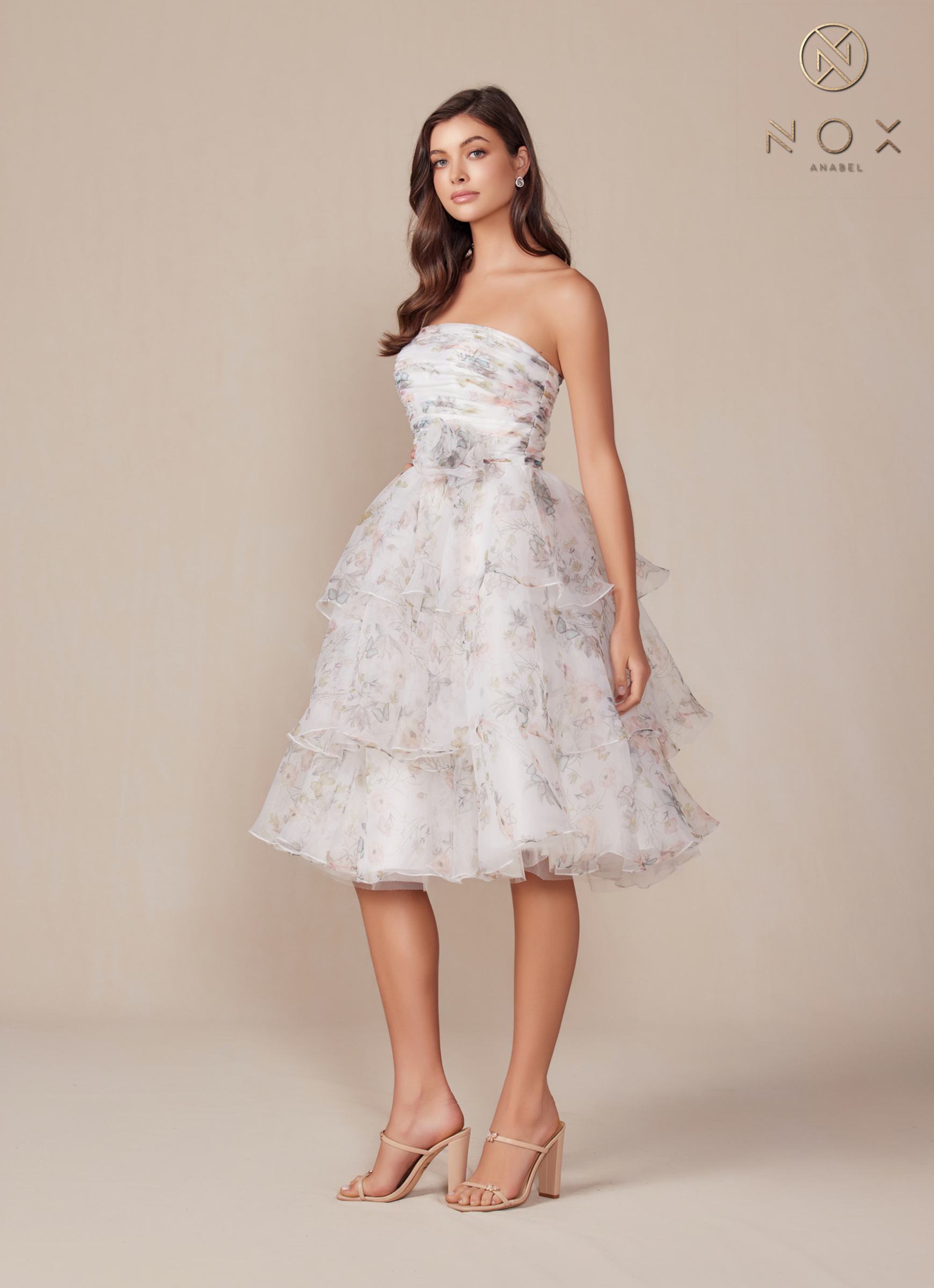 Nox Anabel Q842 Floral Print A-Line Tea Length Dress by DiscountDressShop