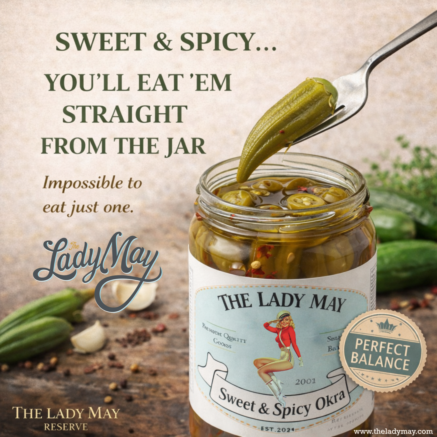 Lady May Sweet &amp; Spicy Pickled Okra – 2 Pack (24oz Jars) – Southern Style Whole Fresh Okra Pods – Small Batch Restaurant Made – Sweet Heat with Jalapeño &amp; Garlic by The Lady May