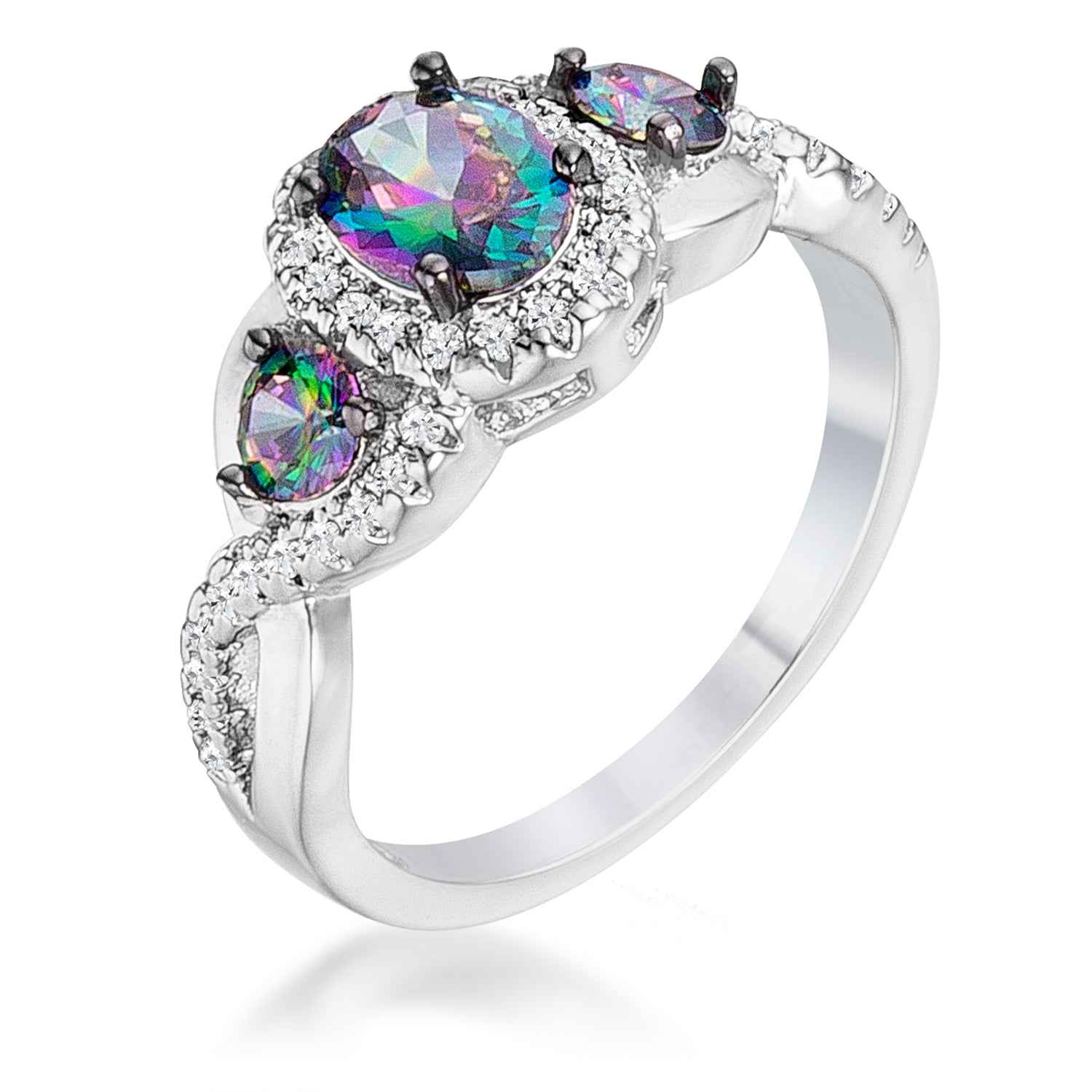 1.43Ct &amp; Hematite Plated Mystic &amp; CZ Three Stone Twisted Shank Ring