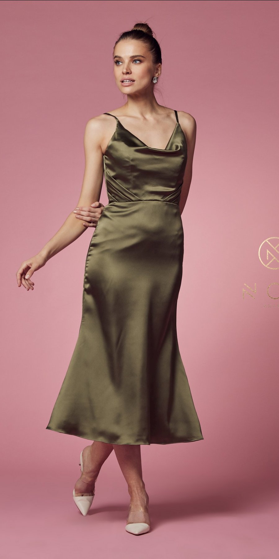 Nox Anabel R1027 Tea Midi-Length Formal Gown with Cowl Neckline by DiscountDressShop