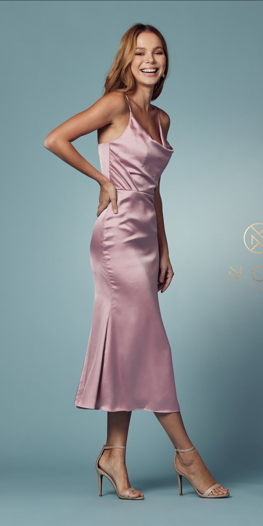 Nox Anabel R1027 Tea Midi-Length Formal Gown with Cowl Neckline by DiscountDressShop