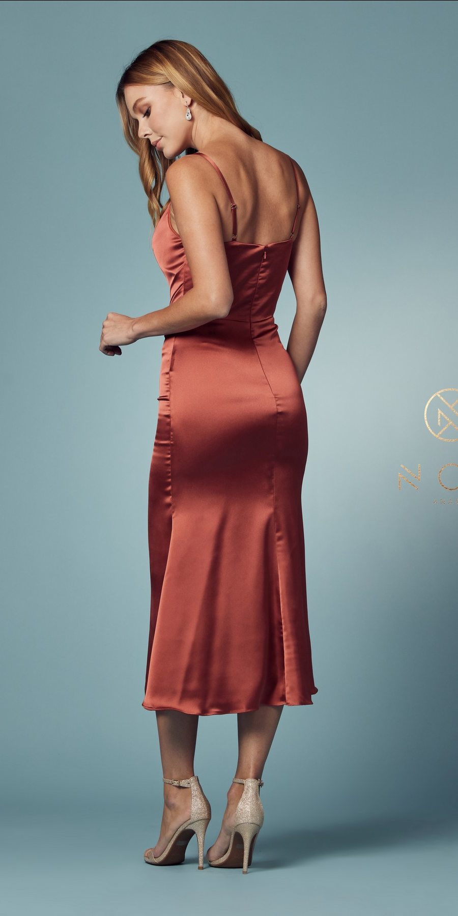 Nox Anabel R1027 Tea Midi-Length Formal Gown with Cowl Neckline by DiscountDressShop