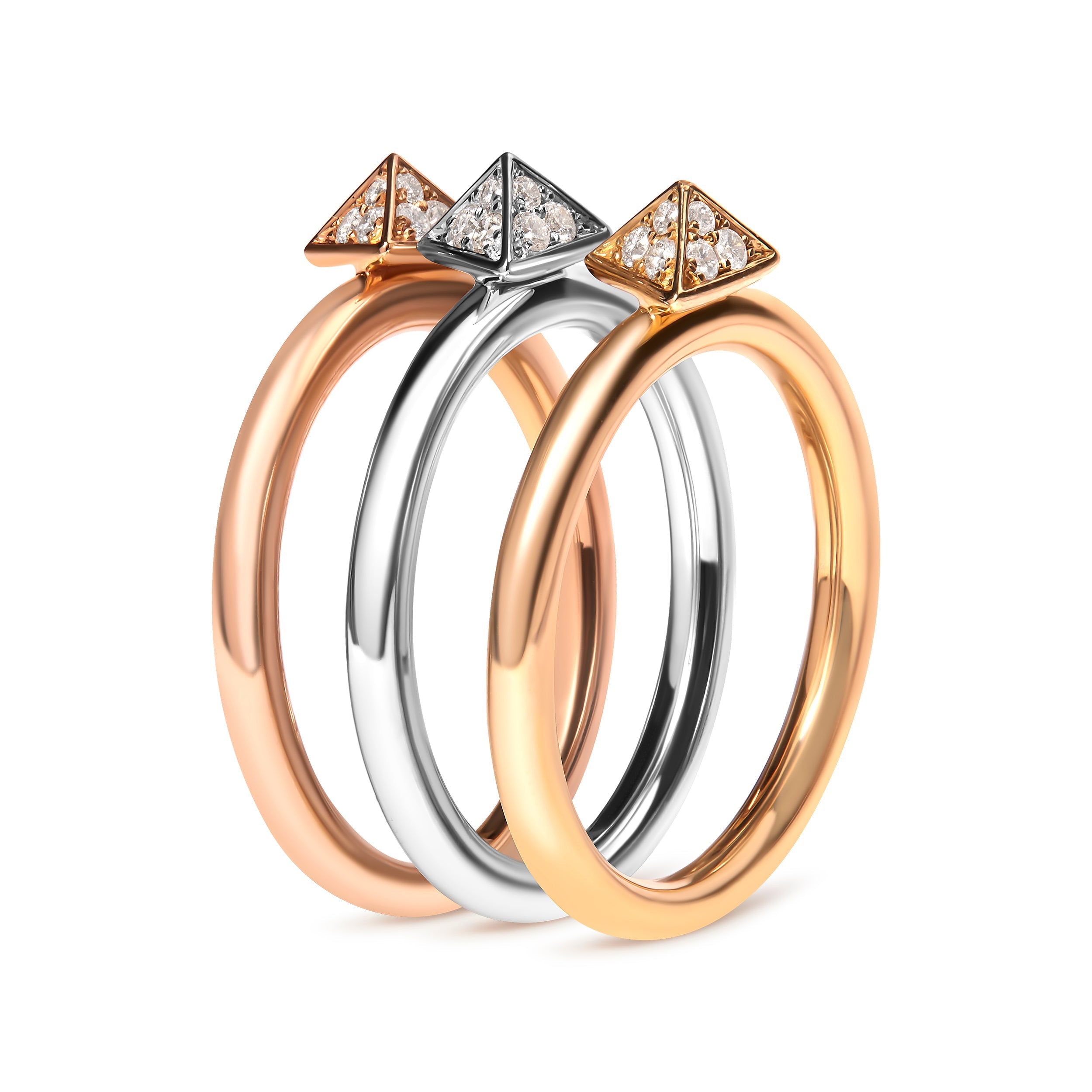 14K Tri Color Gold 1/3 Cttw Diamond Pyramid Stackable Band Ring Set (G-H Color, SI1-SI2 Clarity) - Size 7 