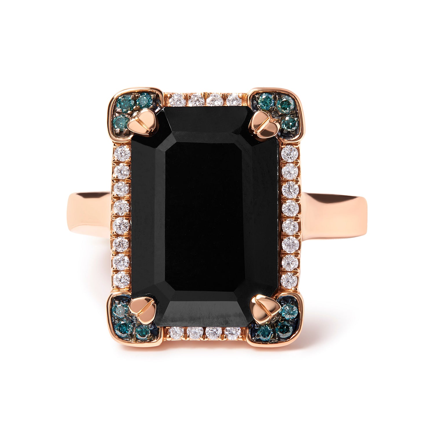 14K Rose Gold 15x10 MM Emerald-Cut Black Onyx and 1/5 Cttw Blue and White Diamond Halo Cocktail Ring (G-H Color, SI1-SI2 Clarity)- Size 7 by Bids.com