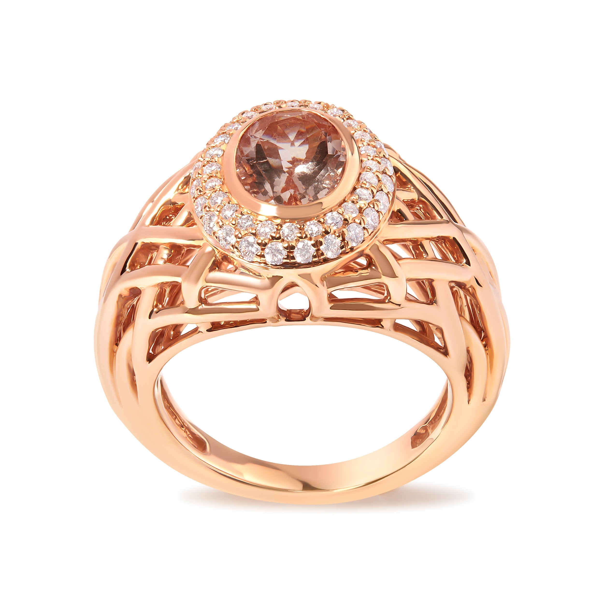 14K Rose Gold Oval Cut Light Pink Morganite and 3/8 Cttw Diamonds Halo and Basket Weave Cocktail Ring (G-H Color, SI1-SI2 Clarity) - Size 7 