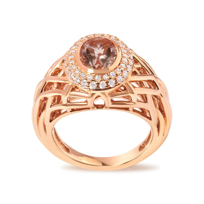14K Rose Gold Oval Cut Light Pink Morganite and 3/8 Cttw Diamonds Halo and Basket Weave Cocktail Ring (G-H Color, SI1-SI2 Clarity) - Size 7 